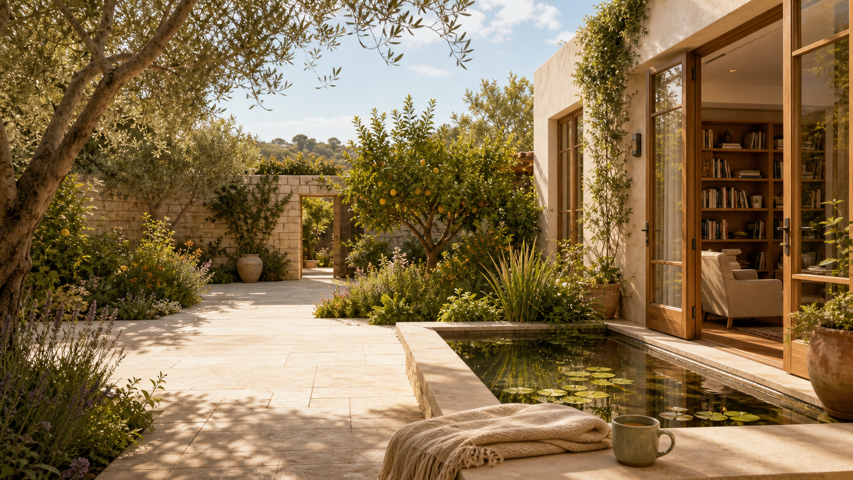A sunlit private estate courtyard